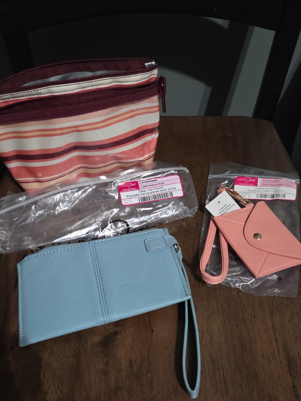 Striped Multi-Pouch Set with Blue Wristlet and Pink Card Holder